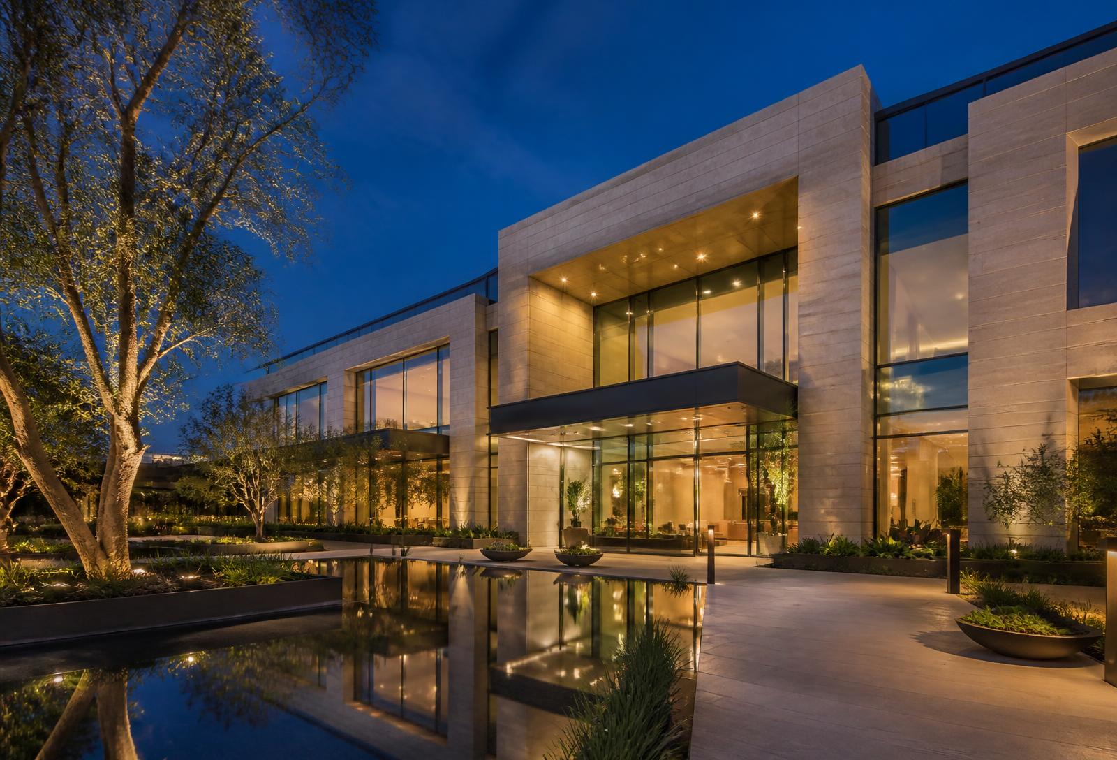 Luxury healthcare building with glass facade and natural stone